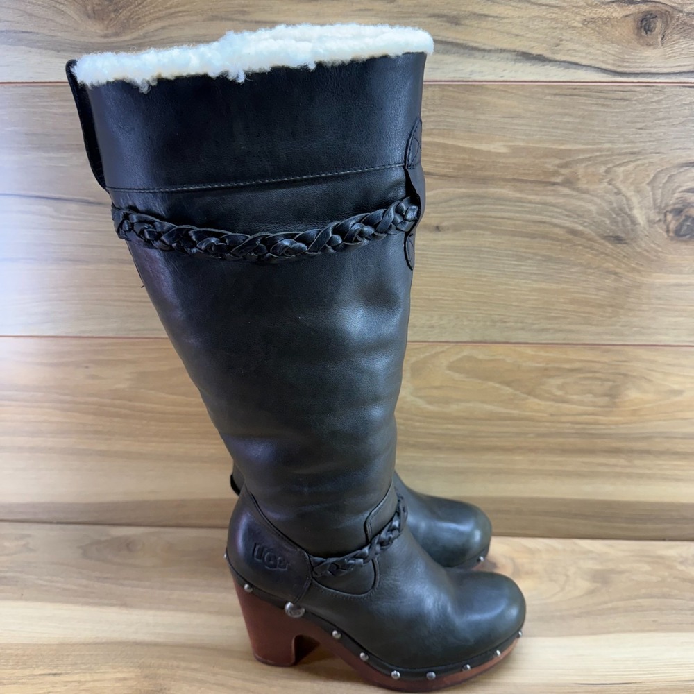UGG Hartley Tall Clog Boots Women 6 Dark Brown/Green ? Leather Braided Shearling